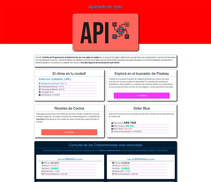 Portada de la página del apartado de ejemplos de varias Apis