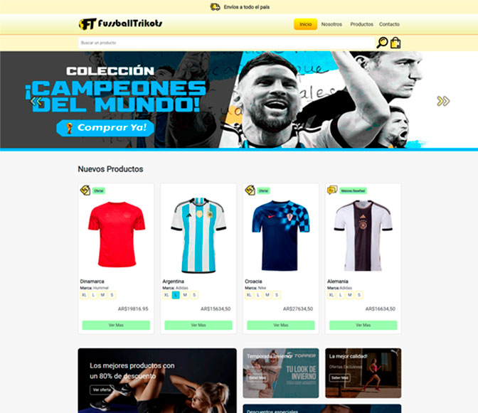 Portada de la página de muestra de venta de camisetas de fútbol